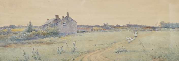 Harry E. James (act.1888-1902), watercolour, Woman with chickens in a landscape, signed, 12.5 x 35cm, gilt framed. Condition - fair